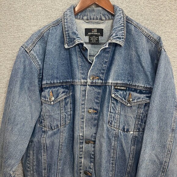 Mecca Jeans Co Denim Jacket Womens Medium Blue Button Up Distressed Faded - Picture 3 of 14